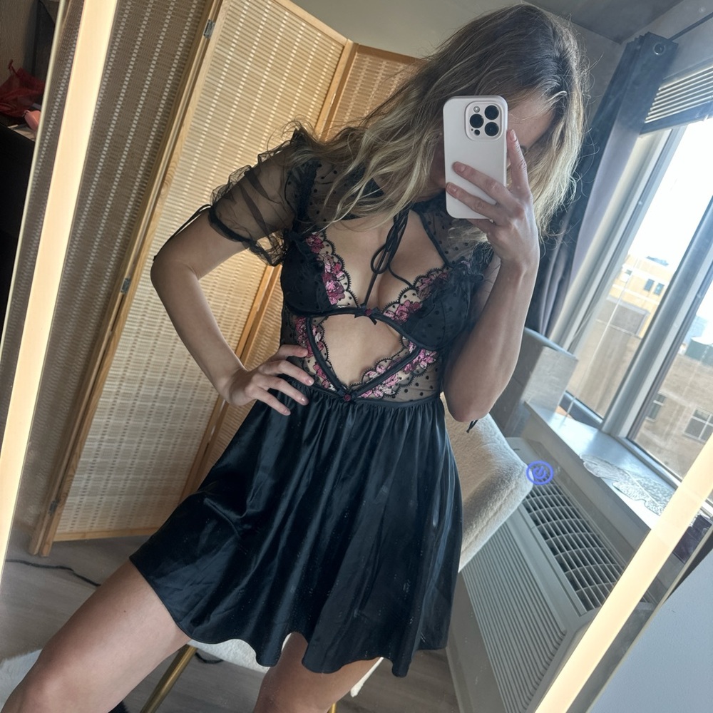 For Love And Lemons Black Dress with Pink Floral Lace